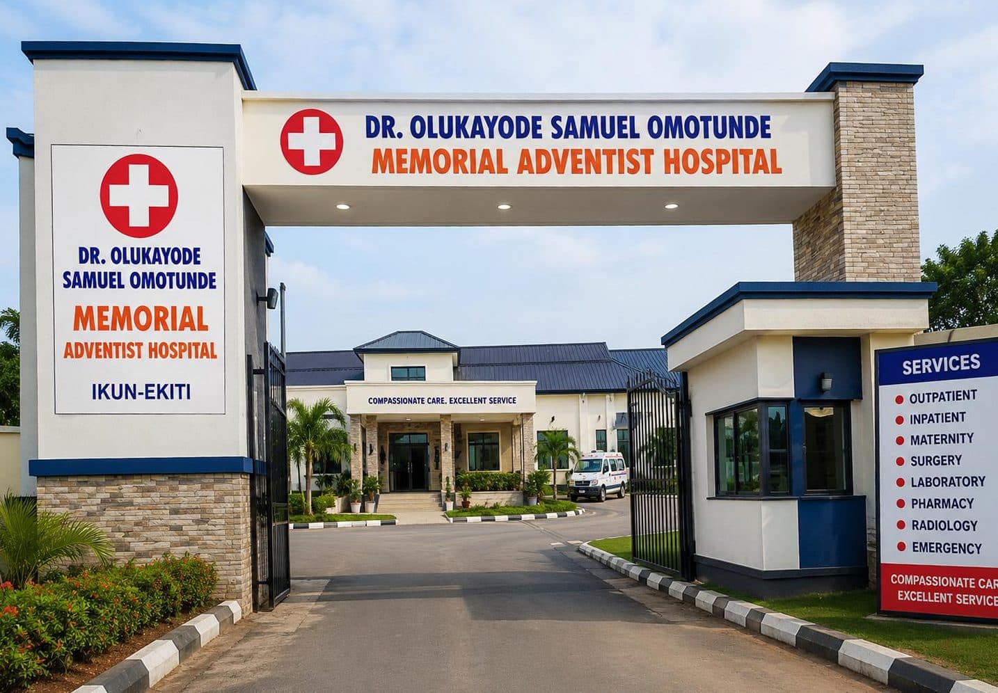 The hospital entrance — gate, signage, and main building at Ikun-Amure Ekiti